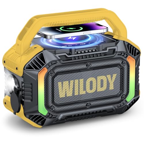 Wilody Speakers Bluetooth Wireless, 100W Loud Outdoor Speaker with Bass, IPX7 Waterproof Floatable, 20H Playtime, Wireless Charge, TWS, RGB Light, Portable Speaker for Work, Garage, Outdoor (Yellow)