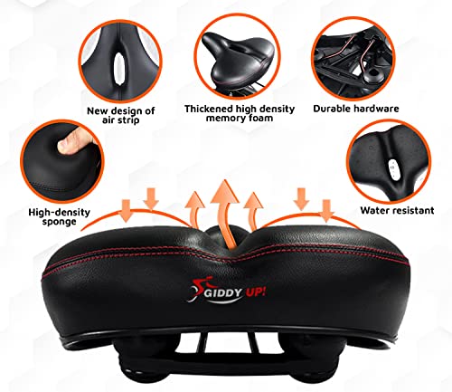 Image of Giddy Up! Bike Seat - Comfortable Bicycle Saddle for Exercise and Road Bicycle - Oversized Comfort Seat for Peloton Stationary - Extra Wide Replacement Padded Bike Saddle Cushion for Women and Men