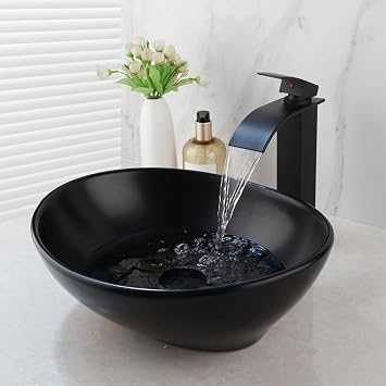 Oval Bathroom Vessel Sink Ceramics With Waterfall Faucet Set