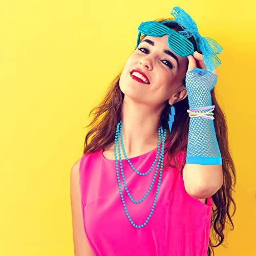 FACATH 80s Neon Necklaces Bracelets Fishnet Gloves Lace Bow Headband Neon Earrings 1980s Fancy Dress Accessories Green Party Costume for Women Girls Ladies (Blue) - Image 4