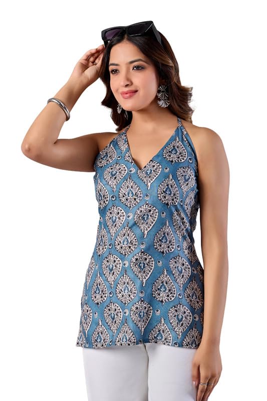 Women Halter Neck Top Backless Tunic Short Kurti Sleeveless Printed Stylish Western Ethnic Summer Casual Lightweight Fashion Wear-picture-35