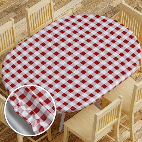Sorfey Vinyl Fitted Tablecloth Cover, Checke Design, Flannel Backed Lining Fits Tables Up-to 48x68 Oval/Oblong Burgundy