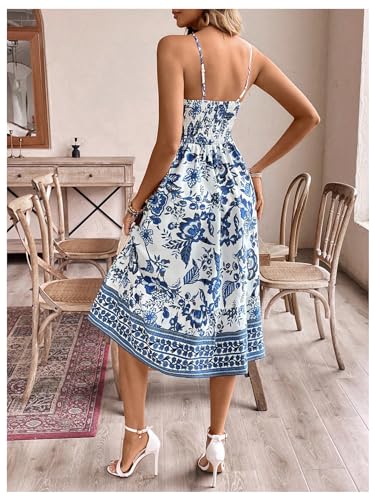 Floerns Women's Boho Floral Spaghetti Strap Dress Shirred Flared A Line Midi Dress2