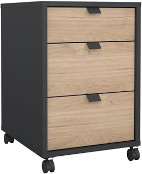 Pemberly Row Mobile Filing Cabinet with 3 Drawers, Matte Grey and Jackson Hickory Finish, 16.06 in W x 18.98 in D x 23.95 in H, Engineered Wood, Locking Caster Wheels, Home Office Storage Organizer