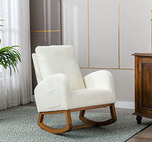 KINFFICT Comfy Rocking Chair, Upholstered Accent Glider Rocker for Baby Nursery or Relaxation, Living Room Armchair with High Back, Modern Rocking Glider with Side Pocket, Cream White
