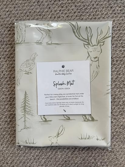 Ralphie Bear Baby & Toddler Splash Mat for Under Highchairs, Weaning, Messy Play and Crafts, Neutral Woodland Animals Print, 120x120cm