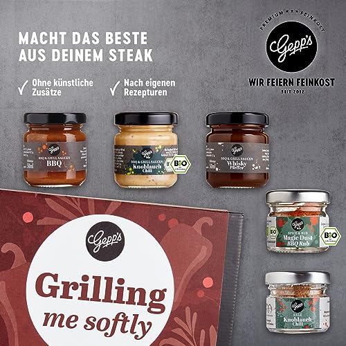 Gepp’s Feinkost Grilling me softly I Männergeschenk mit Gewürzen & BBQ Saucen I Grillgeschenk für Männer I Geschenk mit Spezialitäten wie Magic Spice Gewürz & Whiskey Pfeffer Sauce
