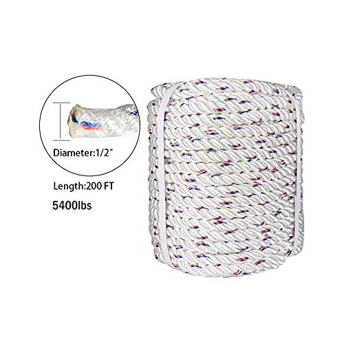 mitoharet 1/2In x 200FT Double Braid Polyester Arborist Bull Rope | Rigging Hoisting Line Utility Rope | High Strength Tree Rope,White with Blue & Red Tracers - Thumbnail 2