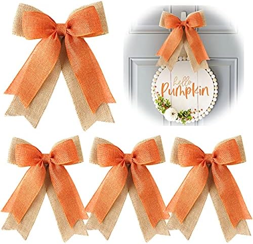 Cintago 4pcs Fall Bows for Autumn Decor, Harvest Orange Burlap Wreath Bow, Fall Thanksgiving Halloween Christmas Burlap Bows for Wreath(9x12 inches)