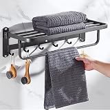 JOPOFI 24 Inch Towel Rack with Shelf - Foldable Bathroom Towel Shelf with Towel Hooks，Wall Mount To