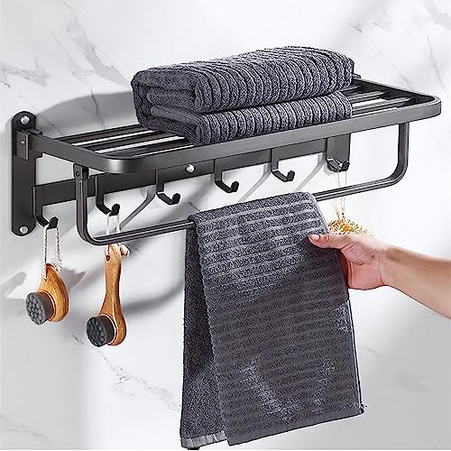 Jopofi 24 Inch Towel Rack With Shelf - Foldable Bathroom Towel Shelf With Towel Hooks，Wall Mount Towels Holder ，Sus 304 Stainless Steel Towel Bar With Shelf，Towel Storage For Bathroom - Matte Black #TOP3