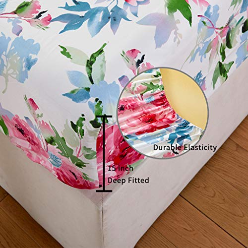 Image of JSD Watercolor Rose Floral Printed Sheet Set King Size | 4 Piece Soft Botanical Microfiber Sheets, OEKO-TEX Certified, Easy Care