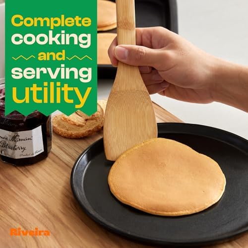 Riveira Bamboo Wooden Spoons for Cooking 9-Piece with Holder, Apartment Essentials Wood Spatula Spoon Nonstick Kitchen Utensil Set Premium Quality Housewarming Gifts for Everyday Use