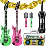 46 Pcs 80s 90s Decorations Inflatable Guitar Microphone Boombox Phone Gold Chain Balloons for Rock Star Party Supplies Hip Hop Photo Booth Props Kids Adults Fake Inflatable Instruments