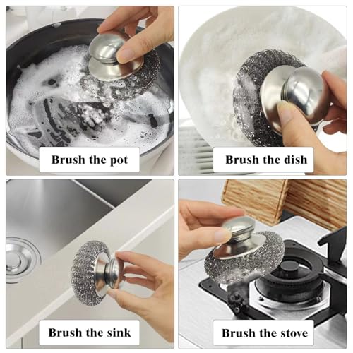 Image of Stainless Steel Wool Scrubbers Metal Sponge Scrubber for Cleaning Dishes, Pans, Pots, Ovens, Grills, Sinks Steel Wool Brush with Handle for Kitchen 2Pcs