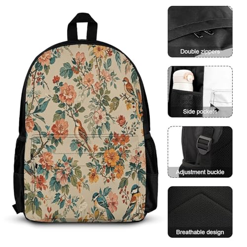 3-in-1 Backpack Combination Set Bird Floral Print 3Pcs Backpack Sets Travel Daypack with Lunch Bag And Cosmetic Bag3