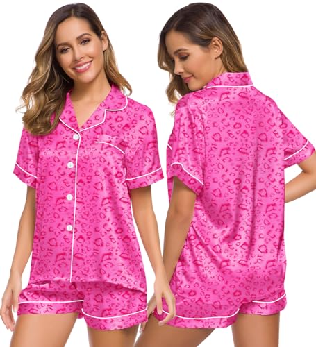 Image of SWOMOG Womens Silk Satin Pajamas Set Short Sleeve Sleepwear Button Down Top and Shorts Loungewear 2 Piece Pjs Set XS-3XL