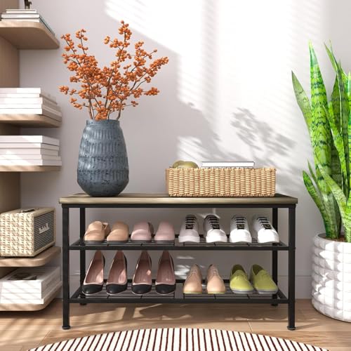 Image of 3-Tier Metal Shoe Rack with Wood Top - Durable & Space-Saving Shoe Organizer,Industrial Shoe Organizer Shelf Bench Storagefor Closet Entryway, Bedroom & Hallway