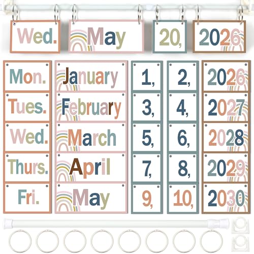 Image of Boho Flip Calendar Bulletin Board Set Boho Rainbow Calendar for Classroom Whiteboard Decor with 2026 to 2030 Years Date Cards and Adjustable Rod for Home Elementary Back to School Teacher Supplies
