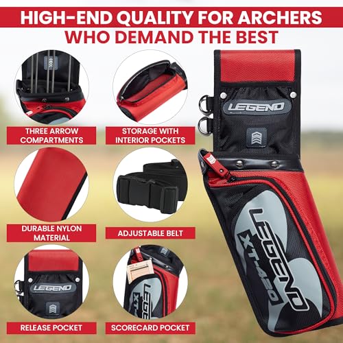 Legend XT420 Arrow Quiver - Quiver Arrow Holder, Archery Quiver with 3 Arrow Tube, Durable Nylon Hip Quivers with Multiple Pockets for Archery Accessories, Score Card & Tools - Right-Handed, Red
