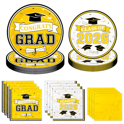 Yellow Graduation Plates and Napkins Class of 2026 Grad Congrats Party Supplies Disposable Paper Plates Napkins for 2026 Graduation Party Decorations, Serve 50