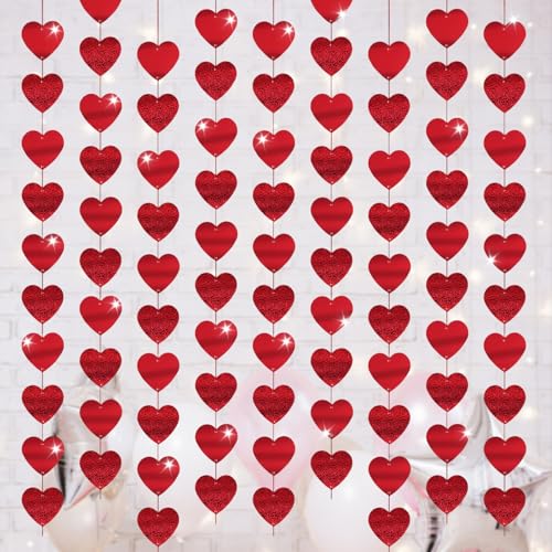 6 Pcs Heart Valentine Decorations,Hearts Hanging 2.6m Red Glitter Love Garland String Bunting Decor,for Valentine‘s Day Decoration Anniversary Party Window Door Ceiling Home Shop Restaurant Decoration