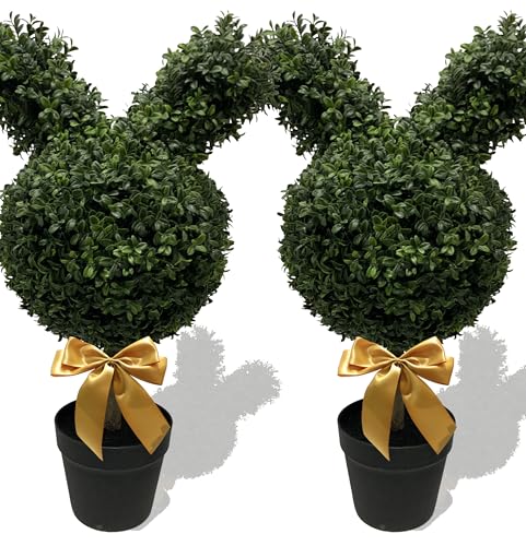 BLONYUVC 30'' Artificial Bunny-Shaped Topiary Tree Pot UV-Resistant Bowknot Faux Boxwood Topiaries...