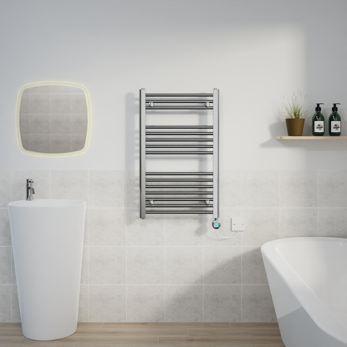 Warmehaus Prefilled Electric Thermostatic Heated Towel Rail Bathroom Ladder Radiator Straight with 400W LCD Display Timer Electric Heating Element Chrome 800x500mm