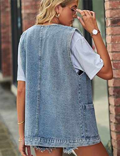 Womens Oversized Sleeveless Jean Denim Jacket Button Down Vest Top for Women Summer Waistcoat Jeans Vests Tops4
