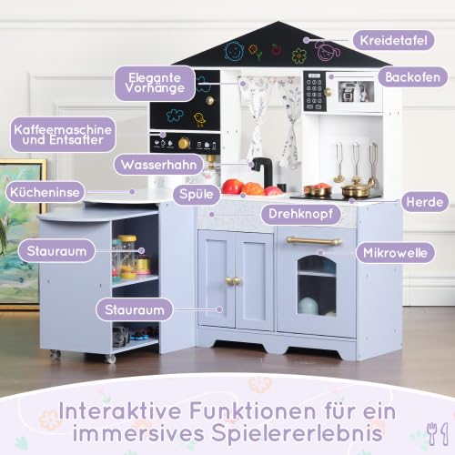 Kinder-Spielküche aus Holz in Hausform Rosa mit Kaffeemaschine, Backofen, Herd und Spüle, Komplettzubehör für Kinder ab 3 Jahren