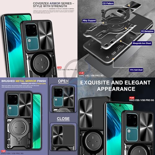 Image of AESTMO Armor Vivo V30 / V30 Pro 5G Bumper Back Case Cover | Ring Holder & CD Pattern Sliding Camera Shutter Cover | 360 Degree Protection Back Case Cover for Vivo V30 / V30 Pro 5G (Black)