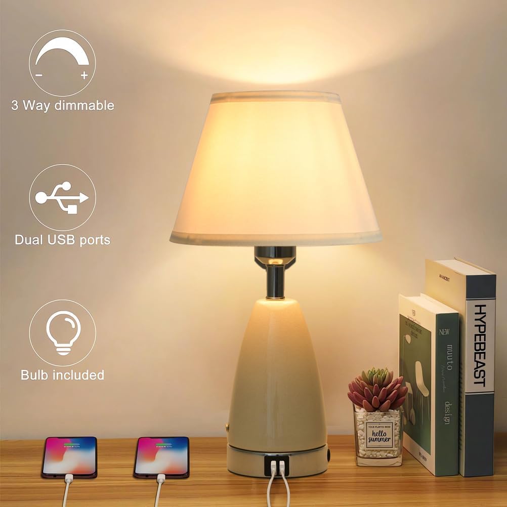 Set of 2 White Ceramic Table Lamps for Bedroom, 3 Way Touch Dimmable Table Lamp with USB A+C Charging Ports, E26 Nightstand Lamp with White Fabric Shade for Living room Bedside Side(with light bulb)