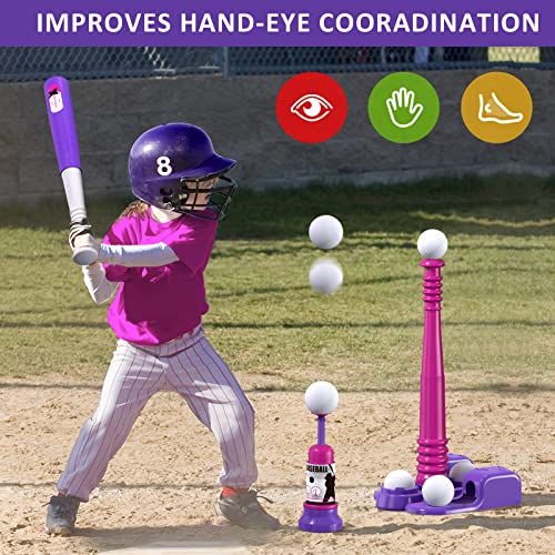 Qdragon 2 In 1 T Ball Sets For Kids 3-5 5-8, Tee Ball Set With Automatic Pitching Machine/Adjustable Batting Bat & Stand/6 Balls, Baseball Toys Outdoor Sport For Toddlers Girls, Pink #TOP3
