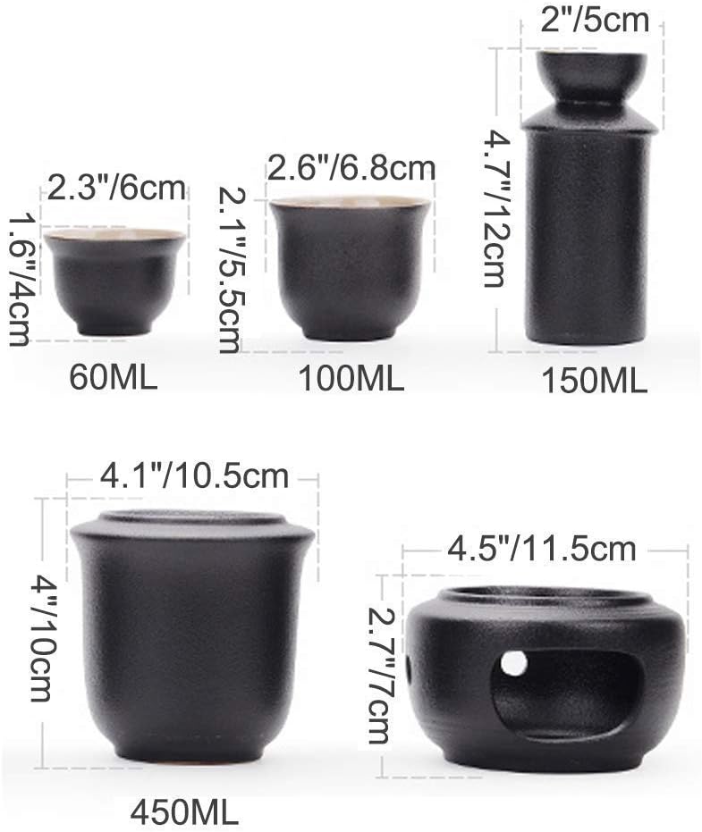 7 Pieces Sake Set Japanese Style Ceramic Black Glaze Wine Glasses Set with Warmer Pot and Candle Stove for Cold/Warm/Hot Sake/Shochu/Tea Best Gift Dinnerware Sets