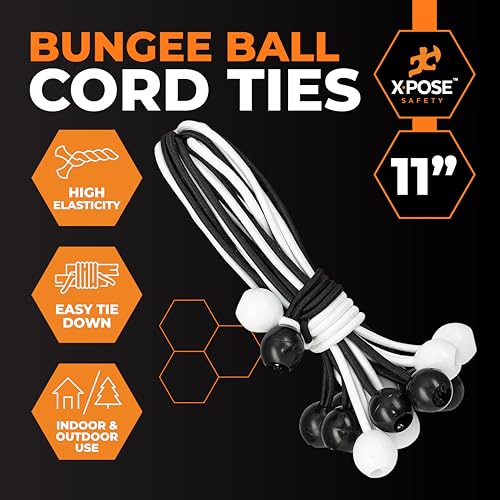 Image of Xpose Safety Bungee Ball Cords 11 inch 100 Pack Heavy Duty Assorted Colors Black and White Stretch Rope with Ball Ties for Canopies, Tarps, Walls, Cable Organization