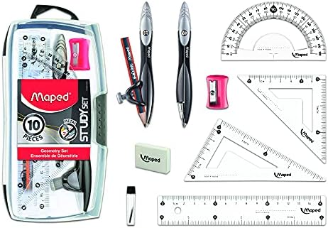 Maped Study Geometry 10 Piece Set, Includes 2 Metal Study Compasses, 2 Triangles, 6 Ruler, 4 Protractor, Pencil for Compass, Pencil Sharpener, Eraser, Lead Refill (897010)