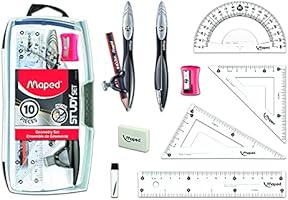 Maped Study Geometry 10 Piece Set, Includes 2 Metal Study Compasses, 2 Triangles, 6" Ruler, 4" Protractor, Pencil for...