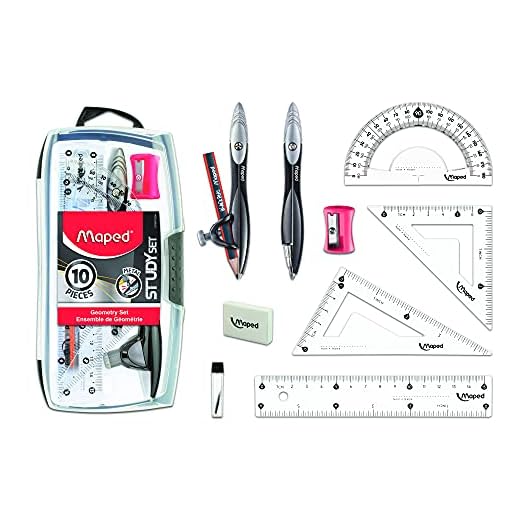 Maped Study Geometry 10 Piece Set, Includes 2 Metal Study Compasses, 2 Triangles, 6" Ruler, 4" Protractor, Pencil for Compass, Pencil Sharpener, Eraser, Lead Refill (897010)