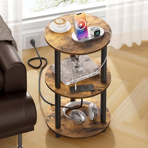 Atoping Side Table with Charging Station, Round End Table Tool‑Free Assembly for Living Room, Brown Vintage Accent Table Couch Bedroom Small Spaces, Round Side Table Nightstand, Sturdy Sofa Table
