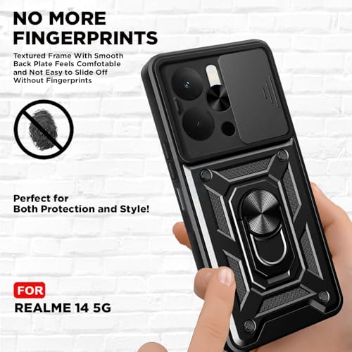 Image of Luxe Back Cover for Realme 14 5G | D10 Tough Armor | Sliding Camera Shield | 360 Protection | Kickstand Ring Holder | Military-Grade Shockproof Bumper