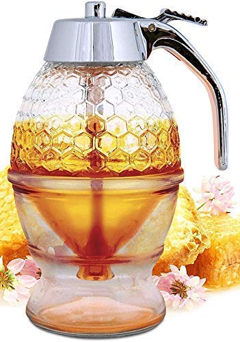 Kalitus Honey Dispenser No Drip Glass - Maple Syrup Dispenser Glass - Beautiful Honey Comb Shaped Honey Pot - Honey Jar with Stand, Great Bee Decor