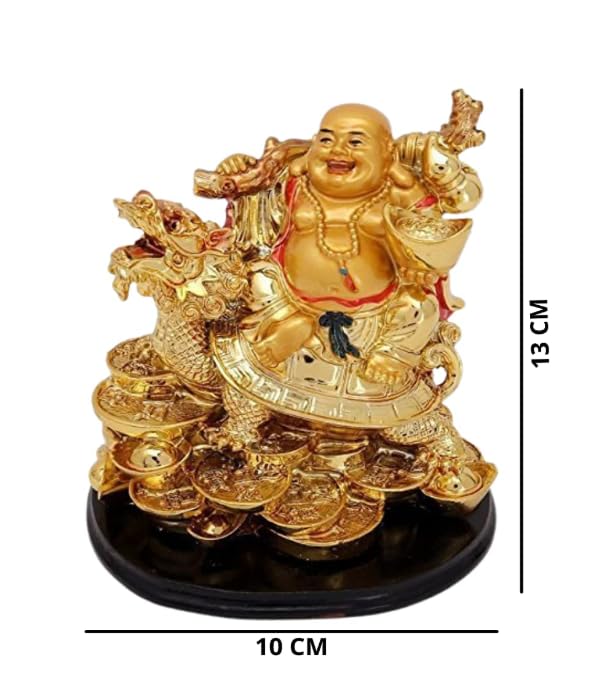 Image of POOMEE Luxury Golden Laughing Buddha Statue for Home and Office Decor Premium Glossy Finish Resin Feng Shui Buddha Idol for Wealth Happiness Prosperity with Stable Base 13 cm