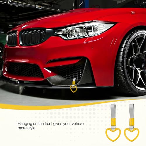 Image of 2PCS Heart Shaped Car Handle Straps, Rear Bumper Warning Keychain Ring for Car Exterior Accessories (Yellow-Silver)