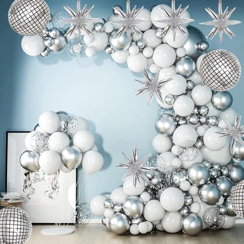 Image of 20pcs 22Inch Silver Disco Ball Ballons, 4D Large Foil Balloons with Metallic Star for 70s Disco Dance Birthday Graduation New Year (Silver Star /Disco Ball 20pcs)