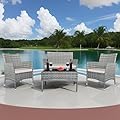 Patio Furniture Set 4 Pieces Conversation Outdoor Sets, Rattan Wicker Double Sofa Set with Coffee Table and Soft Cushions, Garden Balcony Backyard Porch Pool Lounge Chairs (Gray&Khaki Cusion)