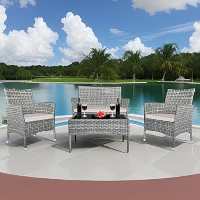 Patio Furniture Set 4 Pieces Conversation Outdoor Sets, Rattan Wicker Double Sofa Set with Coffee Table and Soft Cushions, Garden Balcony Backyard Porch Pool Lounge Chairs (Gray&Khaki Cusion)