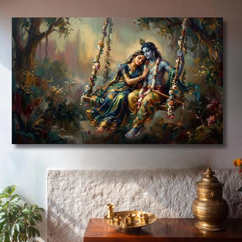 Image of KUNJ CART Artistic Premium Radha Krishna Canvas Painting for Living Room | Radha Krishna painting for wall Big Size | Spiritual Vastu Home Decor | Radha Krishna jhula wall painting for Bedroom | Hindu God Large Canvas Wall Painting (36 X 24 INCH, Unframed - LARGE)