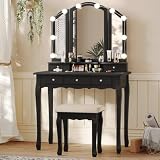 Tiptiper Makeup Vanity with Lights, Vanity Desk with 10 Light Bulbs & 3 Color Lighting Modes, Vanity Table with 5 Drawers and Cushioned Stool, Makeup Table with Tri-Fold Mirror for Women Girls, Black