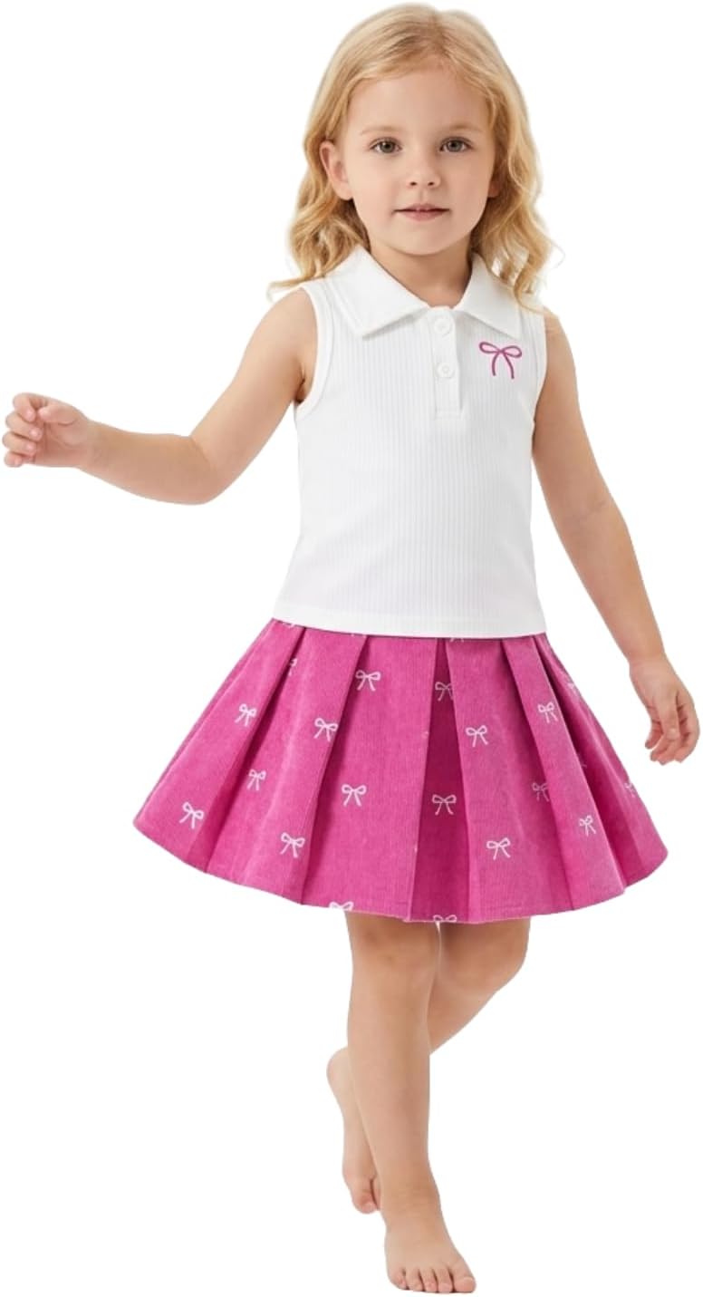 Girls 2-Piece Set – Sleeveless Ribbed Collared Top & Hot Pink Pleated Corduroy Skirt with Bow Detail for Summer Playtime