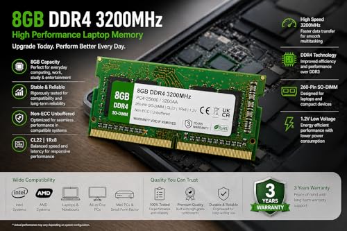 Image of 8GB DDR4 3200MHz OEM Laptop RAM Compatible with Samsung [Key Specs: PC4-25600 /3200AA | 260-Pin SO-DIMM | CL22 | 1Rx8 | 1.2V | Non-ECC] | 3 Years Seller Warranty